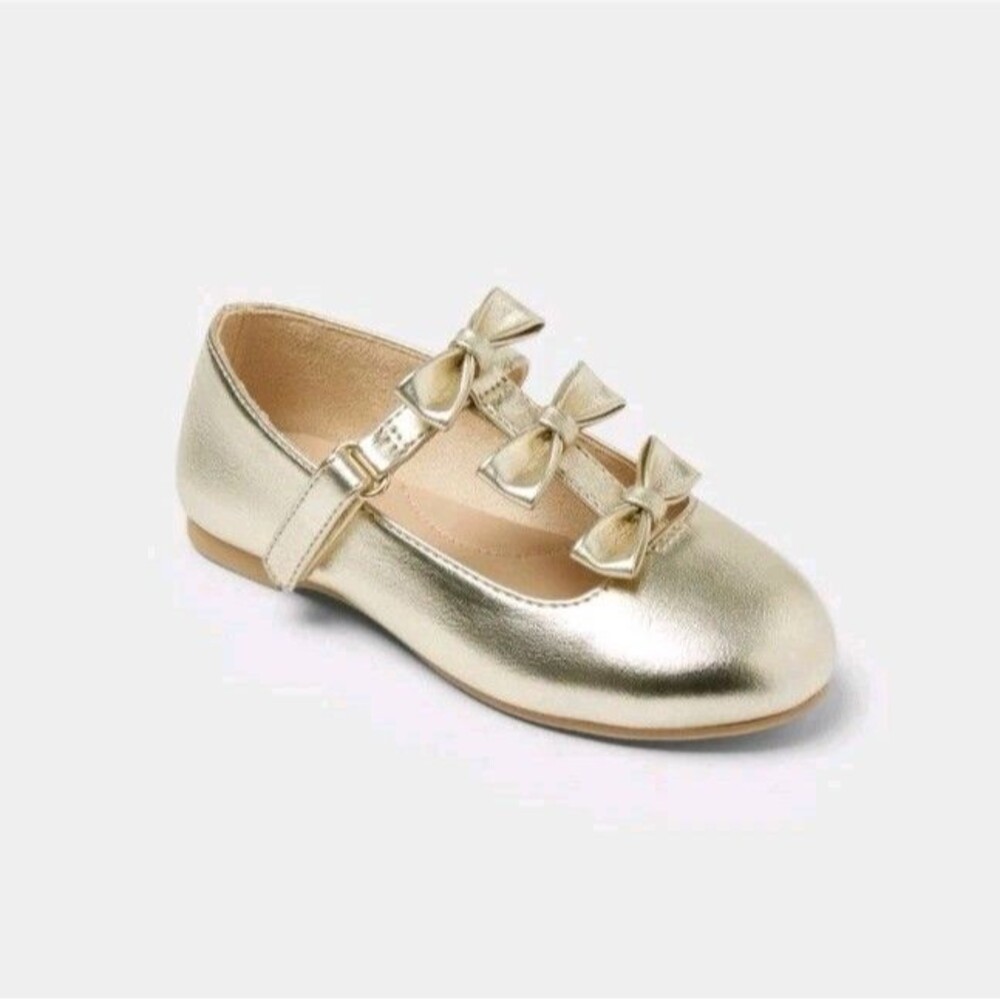 Cat & Jack Toddler Girls' Eliana Mary Jane Flats Metallic Bow Gold Size 10